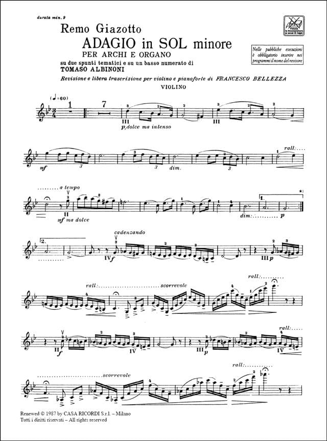 Remo Giazotto Adagio En Sol Mineur Paroles